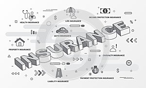 Insurance Services infographic. Flat line style icons concept such as House, Property, Health, Life, Income, Auto and car.