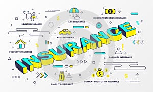 Insurance Services infographic. Flat line style icons concept such as House, Property, Health, Life, Income, money, Auto and car.