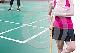 Insurance sport, Injured woman wearing sportswear painful arm wi