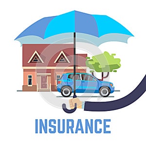 Insurance vector flat safe concept with hand holding umbrella over house and car