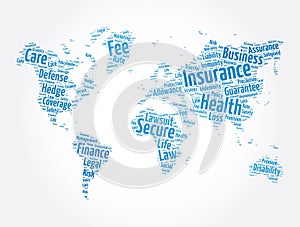 Insurance word cloud in shape of world map, concept background