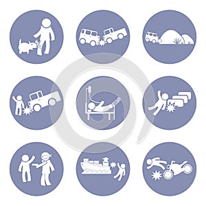 Insurances type and accident icon set pictogram for presentation business concept background in
