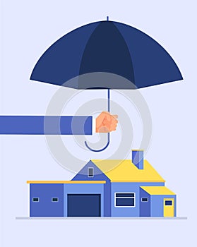 Insurer hand holding umbrella over house. Houses protection insurance vector business concept