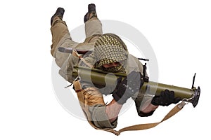Insurgent wearing keffiyeh with anti-tank rocket launcher