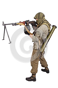 Insurgent wearing keffiyeh with machine gun