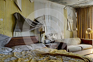 Intact Lodging Room with Bed & Furniture - Abandoned Hotel