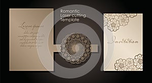 Intage envelope and invitation for laser cutting. Openwork cover and card design for wedding, Valentine`s Day, romantic