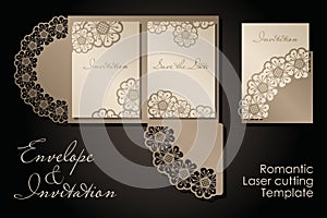 Intage envelope and invitation for laser cutting. Openwork cover and card design for wedding, Valentine`s Day, romantic