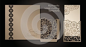 Intage envelope and invitation for laser cutting. Openwork cover and card design for wedding, Valentine`s Day, romantic