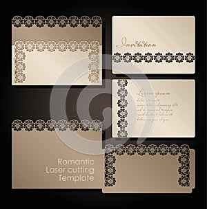 Intage envelope and invitation for laser cutting. Openwork cover and card design for wedding, Valentine`s Day, romantic