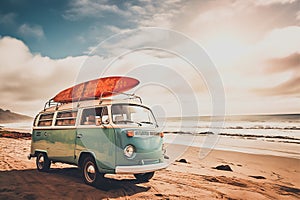 intage van on the beach (seaside) with a surfboard on the roof, summertime. retro color effect, generative AI photo