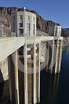 Intake towers on the Nevada side of Hoover Dam. Hoover Dam, Arizona, Nevada