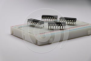 Integrated chips or ic chips on breadboard. Driver ic that controls dc motor and stepper motor