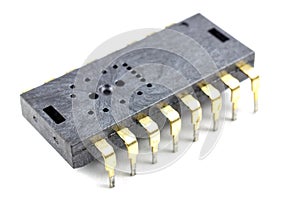 Integrated circuit closeup on a white background