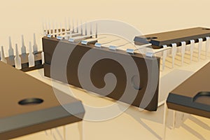 Integrated circuits chips or IC on flat surface. 3D rendering illustration.