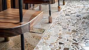 Integrated into the floor design are small plaques that proudly declare the use of sustainable materials in the creation