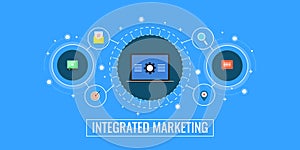 Integrated marketing, business connection, digital promotion and management concept. Flat design marketing vector banner.