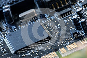 Integrated semiconductor microprocessor on circuit board. Photo of electric component in electronic device