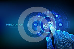Integration data system. System Integration concept on virtual screen. Industrial smart technology. Business automation solutions