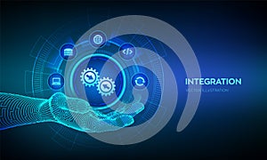 Integration data system. System Integration technology concept in wireframe hand. Industrial and smart technology. Business and