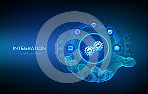 Integration data system. System Integration technology concept in wireframe hand. Industrial and smart technology. Business and