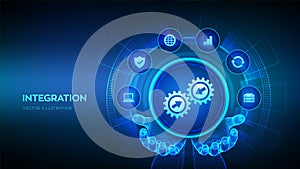 Integration data system. System Integration technology concept in wireframe hands. Industrial and smart technology. Business and