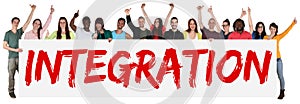Integration group of young multi ethnic people holding banner