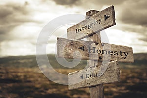 Integrity, honesty and ethics signpost in nature.