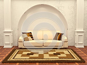 Inteiror. Sofa between the columns in white room