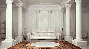 Inteiror. Sofa between the columns in white room generative ai