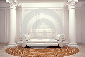 Inteiror. Sofa between the columns in white room generative ai