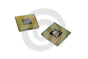 Intel computer central processing units isolated on white background pins up socket 775 untitled selective focus