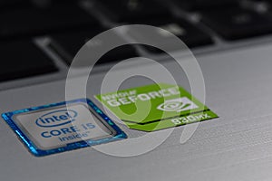 Intel core i5 logo, nvidia geforce on laptop, use for editorial illustration content