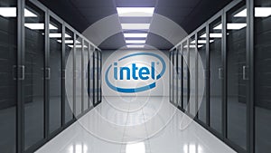 Intel Corporation logo on the wall of the server room. Editorial 3D rendering