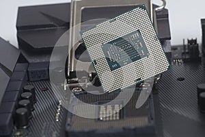 Intel LGA 1151 cpu socket on motherboard Computer PC with cpu processor