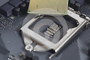 Intel LGA 1151 cpu socket on motherboard Computer PC with cpu pr