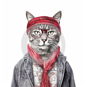 Intelectual fashion cat isolated on white background, created with generative AI