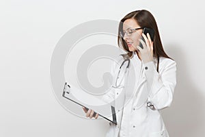 Intellectual doctor woman. Female doctor in medical gown stethoscope. Healthcare personnel medicine concept
