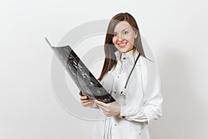 Intellectual doctor woman holds x-ray radiographic image ct scan mri isolated on white background. Female doctor in