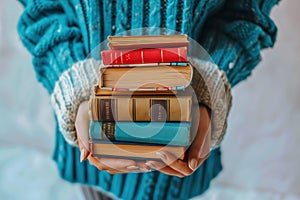 Intellectual Endeavors: Woman Holds Books, Reflecting Education, Science, Knowledge, and the Joys of Reading photo