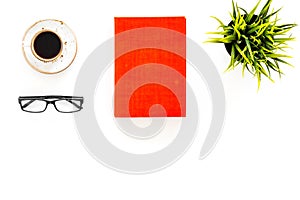 Intellectual entertainment concept. Books with empty cover near glasses, coffe, plant on white desk top view space for