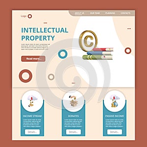Intellectual property flat landing page website template. Income stream, donates, passive income. Web banner with header