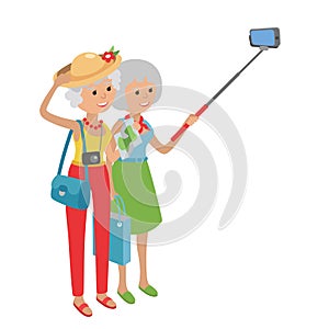 Intellegent modern elderly women using mobile phone. Grandmother makes selfie on smartphone.