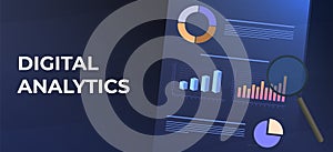 Intelligence and Digital Business Analytics with KPI key performance indicators dashboard flat vector banner concept