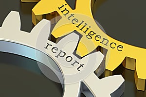 Intelligence report concept on the gearwheels, 3D rendering
