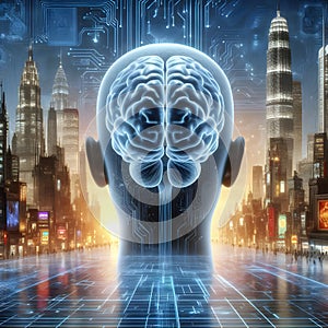 Intelligence and technology, human brain concept. One businessman with suit and his robotic, cyborg brain in front of smart,