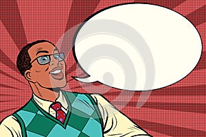 Intelligent African with glasses says comic bubble