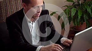 Intelligent businessman in casual clothes teleworking from home using laptop