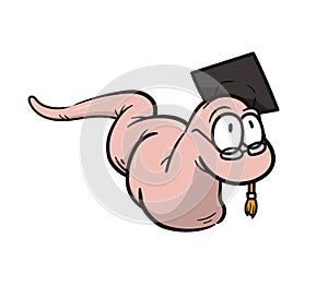 Intelligent and educated worm cartoon wearing glasses and a graduation hat