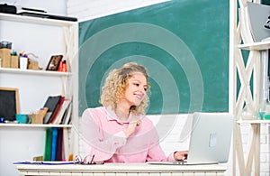 Intelligent girl student. Online community for teachers. Teachers day. Modern school. Woman work online. Distance